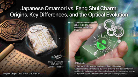 Visual timeline comparing traditional Japanese Omamori pouch and Taoist Feng Shui Bagua with Lucky Hologram 3D optoelectronic charm.