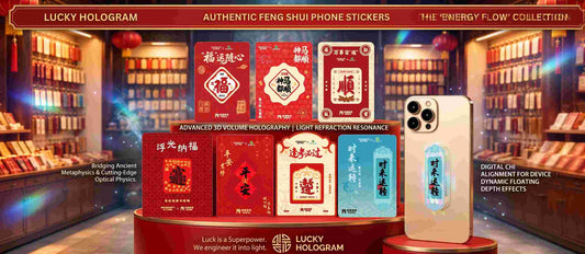 Lucky Hologram 3D holographic Feng Shui phone stickers displayed on a smartphone in a traditional setting.