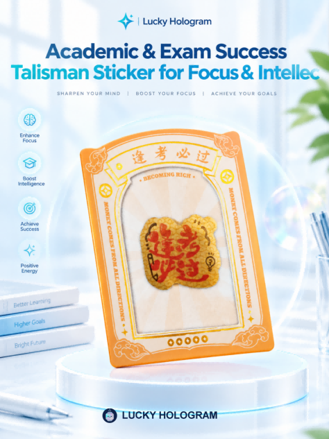 Real-image levitation gold holographic sticker with red Academic Success calligraphy floating with a distinct optical shadow on a tablet lid.