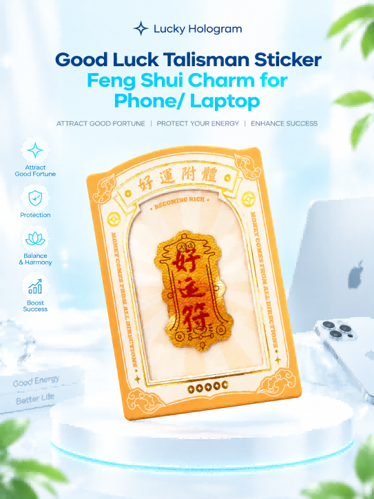 Real-image levitation long Taoist Fulu strip shape 3D floating sticker in gold laser foil with red calligraphy casting an optical shadow on a phone case.