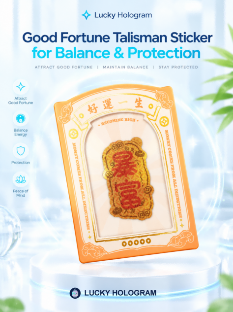 Real-image levitation long Taoist Fulu strip shape 3D floating sticker in gold laser foil with red calligraphy casting an optical shadow on a phone case.