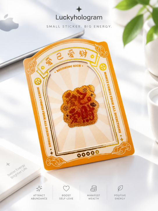 Real-image levitation squircle oval 3D floating sticker with ancient copper coin motif and red Self-Love calligraphy casting an optical shadow.

