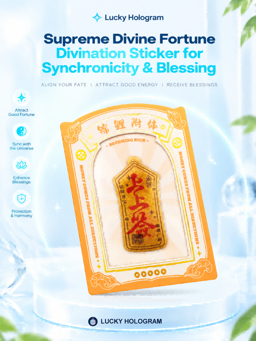 Real-image levitation slim vertical oracle slip 3D floating sticker in metallic gold with red Chinese characters casting a sharp optical shadow.