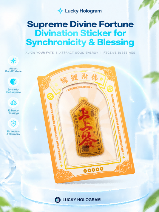 Real-image levitation slim vertical oracle slip 3D floating sticker in metallic gold with red Chinese characters casting a sharp optical shadow.