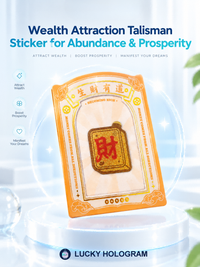 Real-image levitation 3D floating wealth attraction talisman sticker in metallic gold with radiant red calligraphy casting an optical shadow on a phone case.